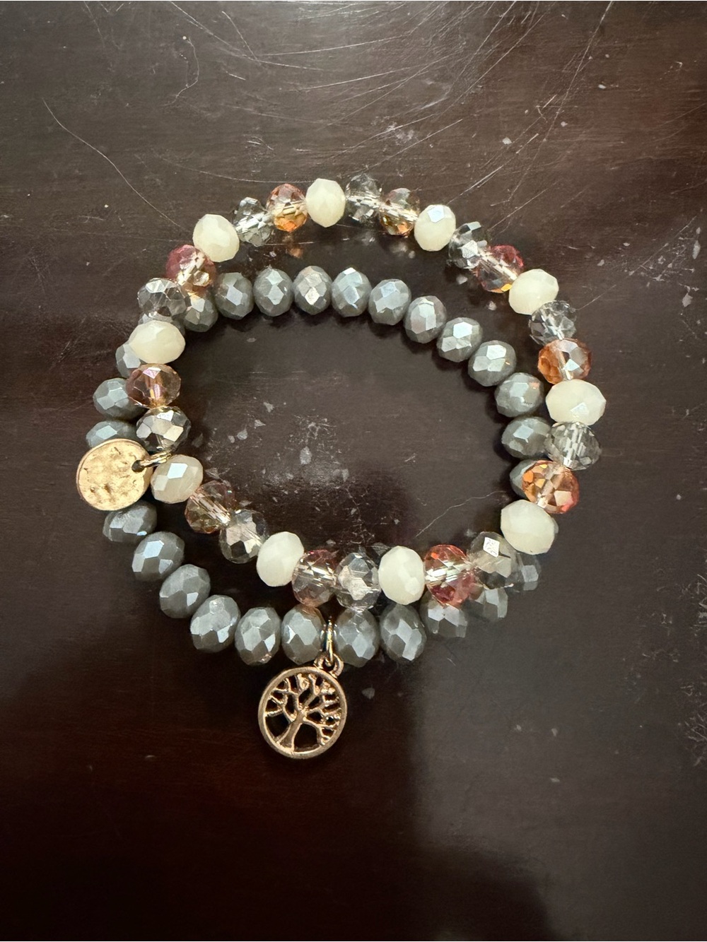 Beaded Stretch Bracelet Set with Tree Charm - Gray, White & Champagne
